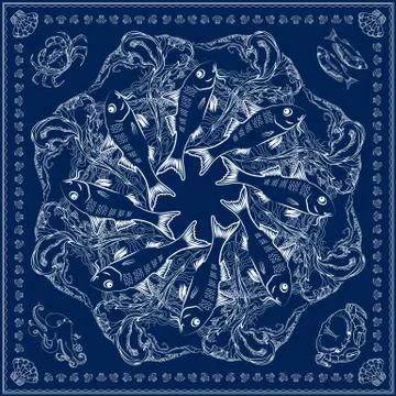 Bandana square pattern. Vector marine-themed illustration on blue. イラスト素材