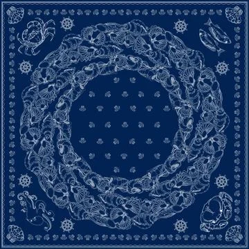 Bandana square pattern. Vector marine-themed illustration on blue. Stock Illustration