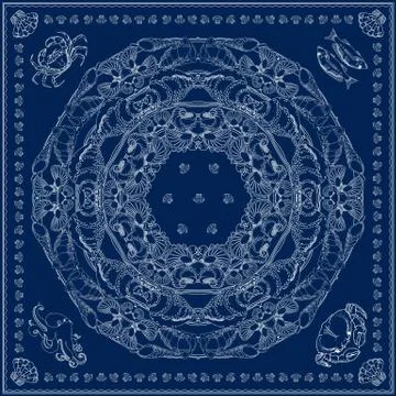 Bandana square pattern. Vector marine-themed illustration on blue. Stock Illustration