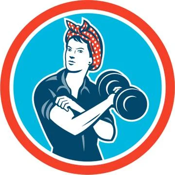 Bandana Woman Lifting Dumbbell Circle Retro Stock Illustration