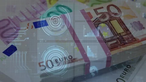 Banded stack of 50 euro banknotes undergoing HUD scan after pulse, showing Stock Footage 328685059