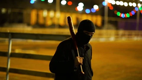 Bandit In Park At Night. Thug. Stock Footage 98930367