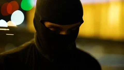 Bandit In Park At Night. Thug. Stock Footage 98930745