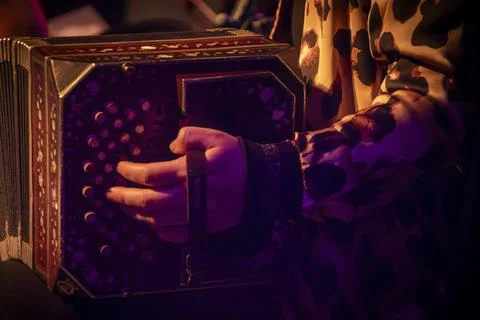 Bandoneon player during live tango concert Stock Photos