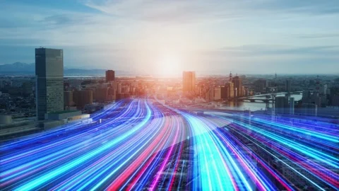 Bands of light running through a modern city. Road to tomorrow. Stock Footage 162297103