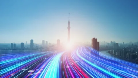 Bands of light running through a modern city. Road to tomorrow. Stock Footage 162297932