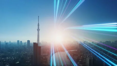 Bands of light running through a modern city. Road to tomorrow. Stock Footage 162297965