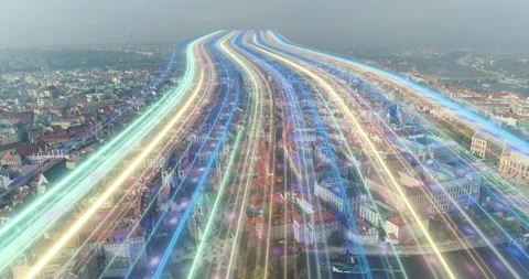 Bands of light running through a modern city. Smart city and communication Stock Footage 311368924