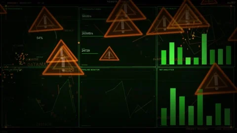 Bandwidth spikes causing orange warning triangles growing across HUD, signaling Stock-Footage 335424864