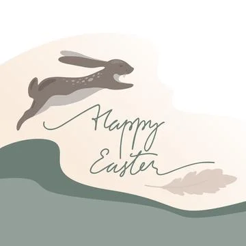 Baner Happy Easter linear lettering with rabbit Stock Illustration