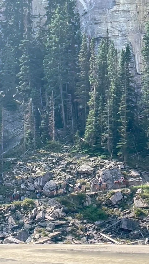 Banff Canada September 02 2024 Horse riding along steep mountain at Lake Louise 動画素材 343318402