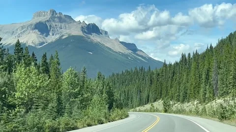 Banff Canada September 03 2024 Driving in the forest on Icefields Parkway Stockbeeldmateriaal 343320961