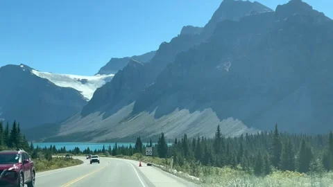 Banff Canada September 05 2024 Driving on Icefields Parkway passing by Bow Lake 스톡 동영상 343211719