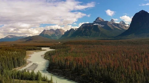 Banff National Park Aerial View, Flying Over the Bow River in Alberta, Canada Stock Footage