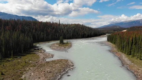 Banff National Park Aerial View, Flying Over the Bow River in Alberta, Canada Stock Footage