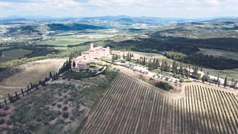 Banfi Castle in Tuscany, view in spring season from drone Stock Footage 325262090