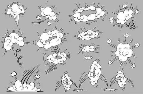 Bang and cloud explosions in comic style set isolated elements. Bundle of smoke Illustrazione stock