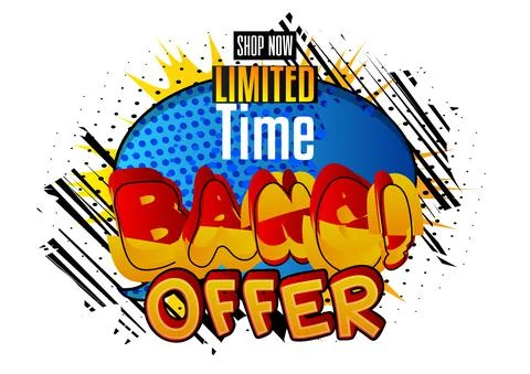 Bang Offer Comic book style advertisement text. Words effect on bright  abstr Stock Illustration