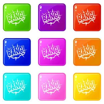 Bang, speech bubble explosion icons 9 set Illustrazione stock