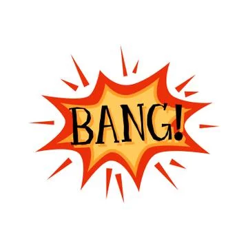 Bang - text on badge in explosion shape, cartoon vector illustration isolated. Illustrazione stock