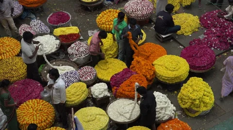 Bangalore, India, people buy and sell flowers at a colorful market Stock Footage