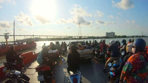 Bangkok 29 April  2020 Local commuters waiting on their vehicles on theferryboat 動画素材 130190553
