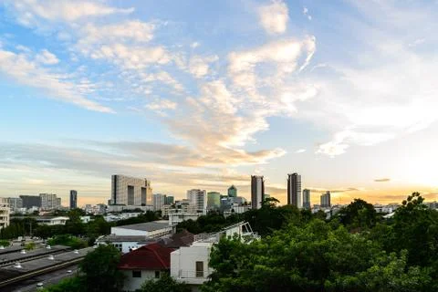 Bangkok cityscape at sunset. Stock Photos