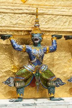 Bangkok, grand palace, green demon guards statue Stock Photos