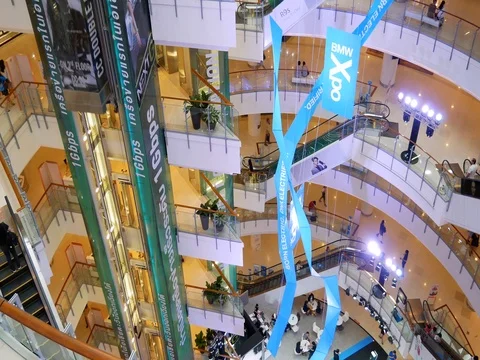 Bangkok Mall Interior Elevator and Escalators Stock Footage