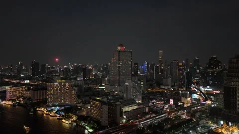 Bangkok Nightscape Featuring Chao Phraya River and City Traffic in Thailand Stock Footage 335847667