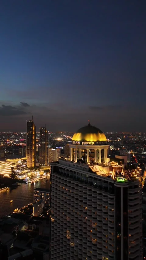 Bangkok Nightscape Featuring Rooftop Bar and Chao Phraya River in Bangkok, Stock Footage 335838703