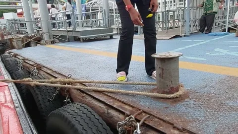 Bangkok Riverside Ferry Quick Stop and Go for Passengers Stock Footage 148256420