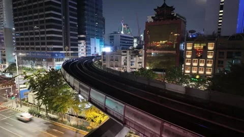 Bangkok Thailand BTS Skytrain elevated tracks timelapse dense urban skyline 스톡 동영상 336523944