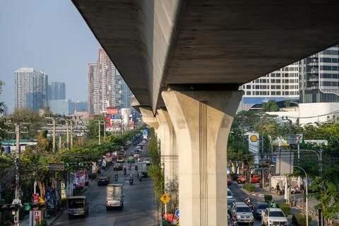 Bangkok Traffic Beneath Elevated Transit Viaduct in Pornsawang Stock Photos