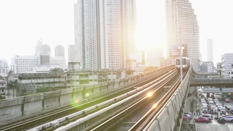 Bangkok train skytrain sunset bts railway cityscape Stock Footage 231848490