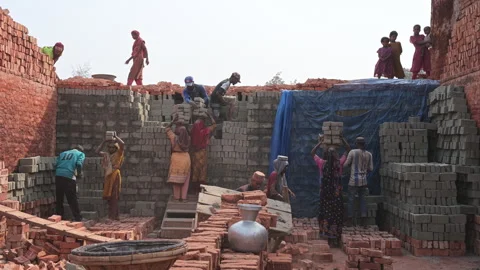 Bangladesh Brick Factory Laborers Assembling Rows Raw Blocks Dhaka Multi Tiered Stock Footage 337244378