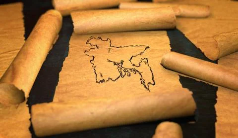 Bangladesh Map Drawing Unfolding Old Paper Scroll 3D Stock Illustration