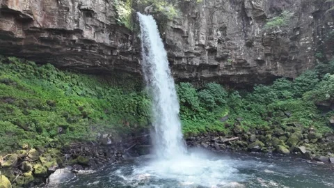 Banjo Falls Tall Cascade over Columnar Cliff, Izu, Japan (4K) Stock Footage 341364792
