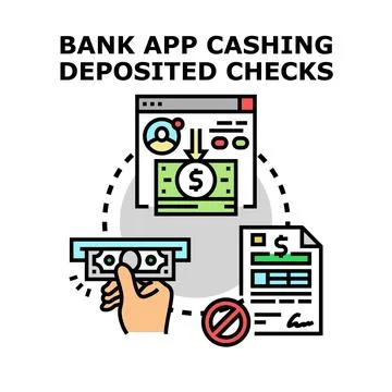 Bank application processing deposited checks for cash access Stock Illustration