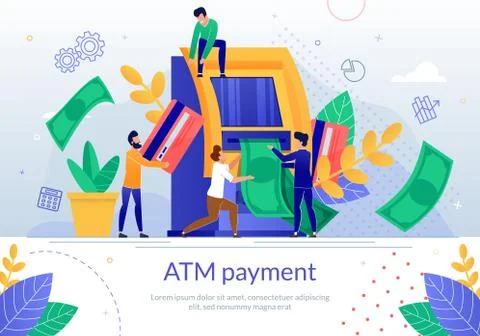 Bank ATM Payment Service Flat Vector Banner Poster Stock Illustration