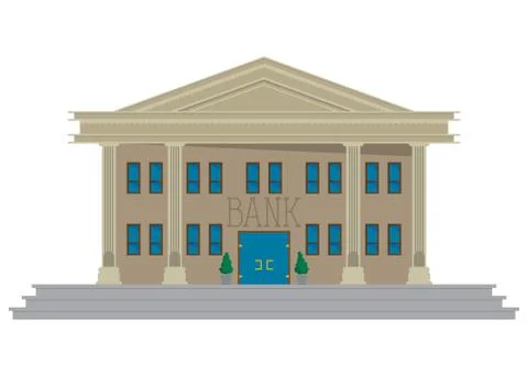 Bank building on blue background. Flat style cartoon business architecture, v Ilustración de archivo