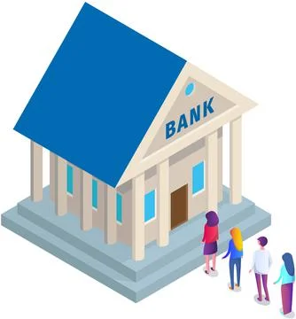 Bank building with characters in queue. Business people, client investors Ilustración de archivo