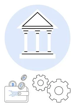 Bank building with columns inside a circular background, digital wallet with Ilustración de archivo
