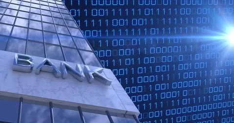 Bank building with digital binary code background representing modern financial 库存照片