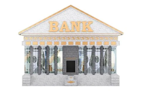 Bank building, with dollar banknotes instead of columns. 3D rendering Ilustración de archivo