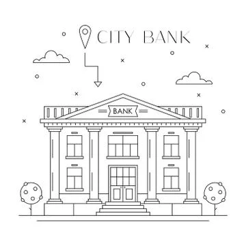 Bank building facade flat line design Stock Illustration