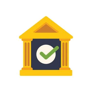 Bank building with green check mark showing reliability and trust Ilustración de archivo