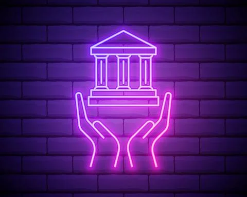 Bank building icon with hands. Elements of web in neon style icons. Simple ic Ilustración de archivo