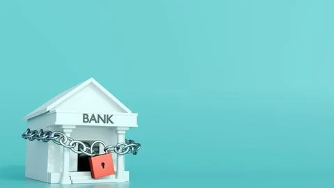 A Bank Building Secured with Chains and a Padlock, Symbolizing Financial Crisis Ilustración de archivo