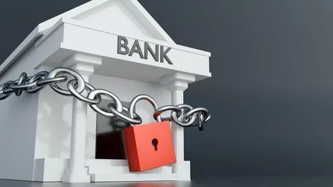 A Bank Building Secured with Chains and a Padlock, Symbolizing Financial Crisis Ilustración de archivo